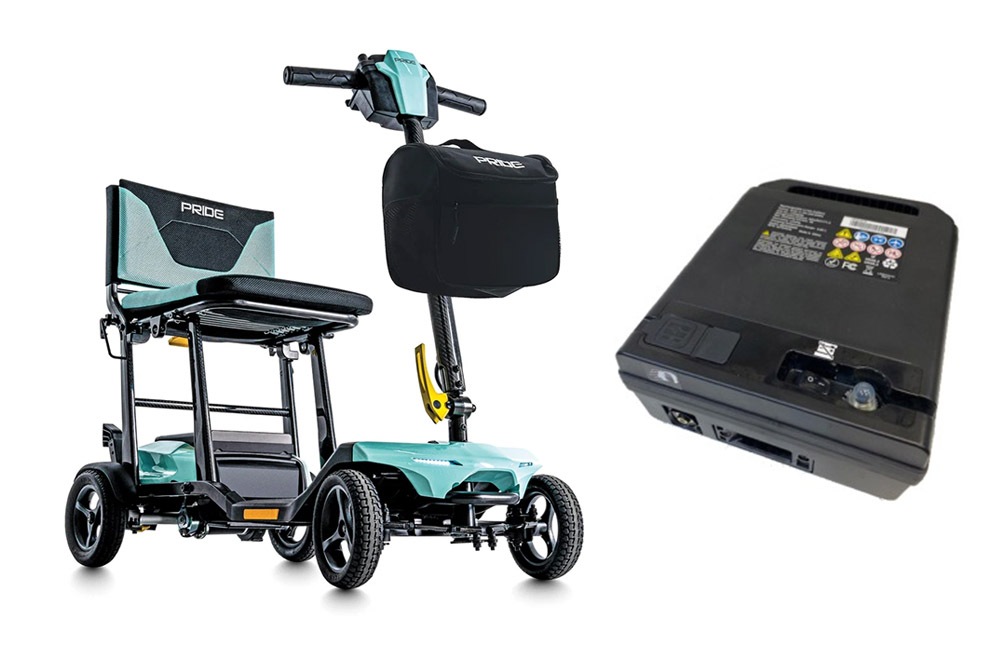 pride go go super portable mobility scooter along with replacement battery pack