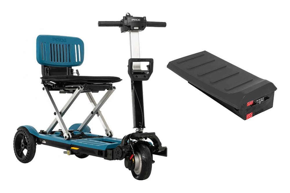 pride i go mobility scooter and replacement lithium ion battery pack next to it