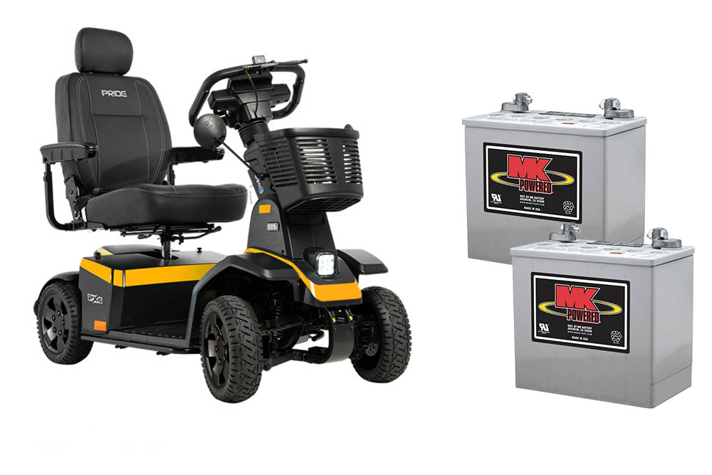 yellow pride px4 mobility scooter next to two replacement batteries