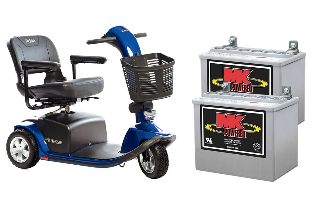 pride victory scooter next to 2 replacement batteries