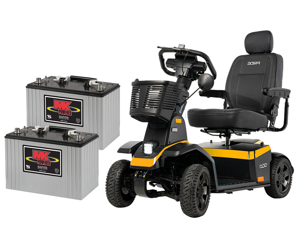 yellow pride mobility scooter with two replacement batteries to the left of the scooter